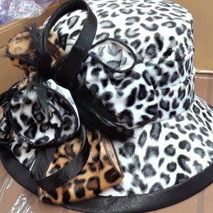 Leopard Print Fur Bucket Fashion Derby Church Hat with Bow Accent